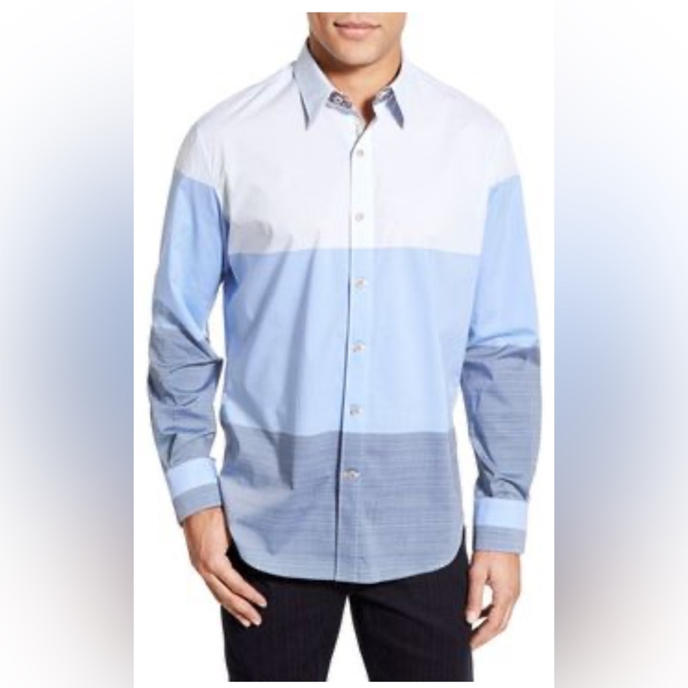Robert Graham 3 Shades Of Blue Tailored Fit Color-block Sports Shirt Size XL